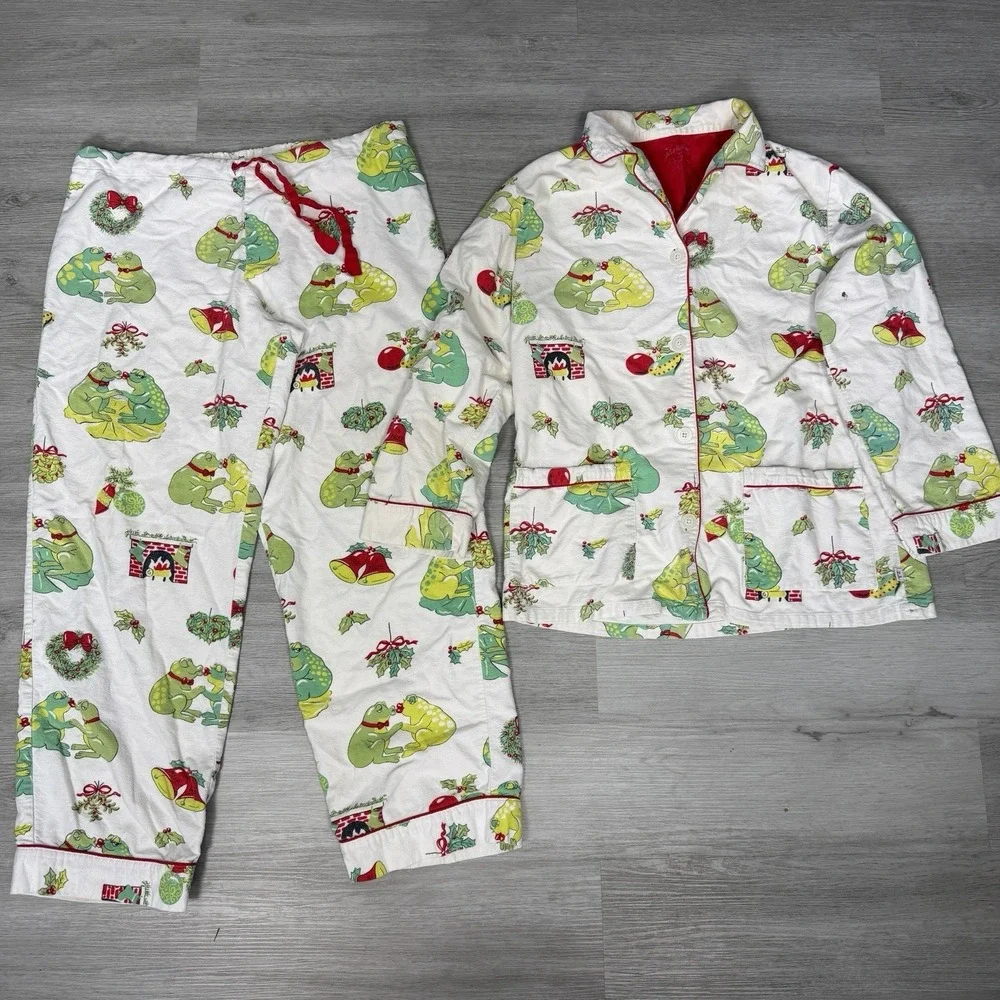 Vintage Nick & Nora Christmas Kissing Frog Flannel Pajama Set S 100% Cotton‎